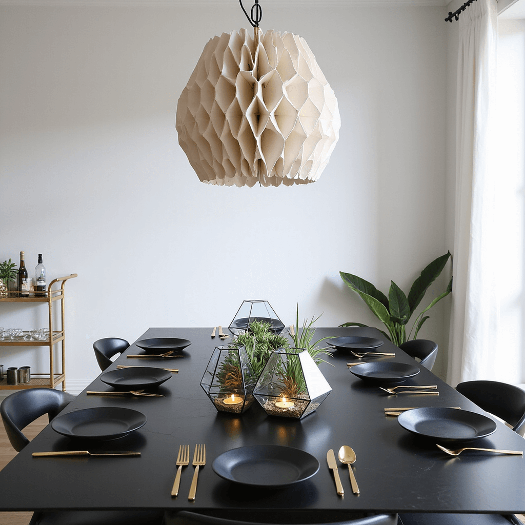 A modern anniversary dinner setup in a minimalist apartment, featuring a black dining table with matte plates and gold cutlery, geometric terrarium centerpieces, a paper chandelier casting shadows, and a bar cart with cocktail ingredients.