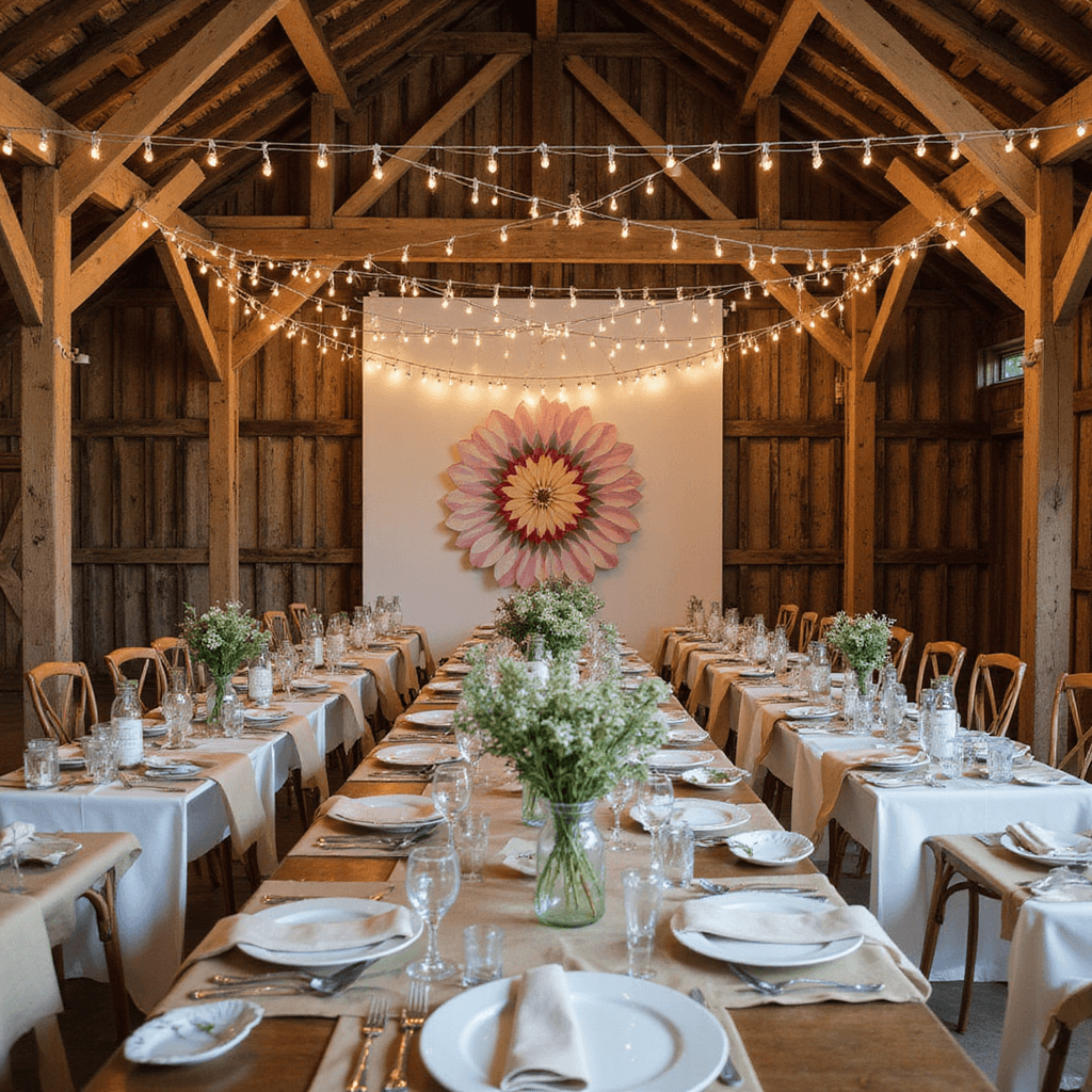 An elegant rustic barn interior for a paper-themed celebration, featuring exposed wooden beams adorned with paper garlands and twinkling lights. Long tables are set with kraft paper runners and white china, complemented by vintage milk bottles filled with wildflowers. An oversized paper flower installation in soft ombré shades decorates the backdrop. An overhead flat lay captures a place setting, highlighting the contrast between the rough wood, smooth paper, and delicate florals.