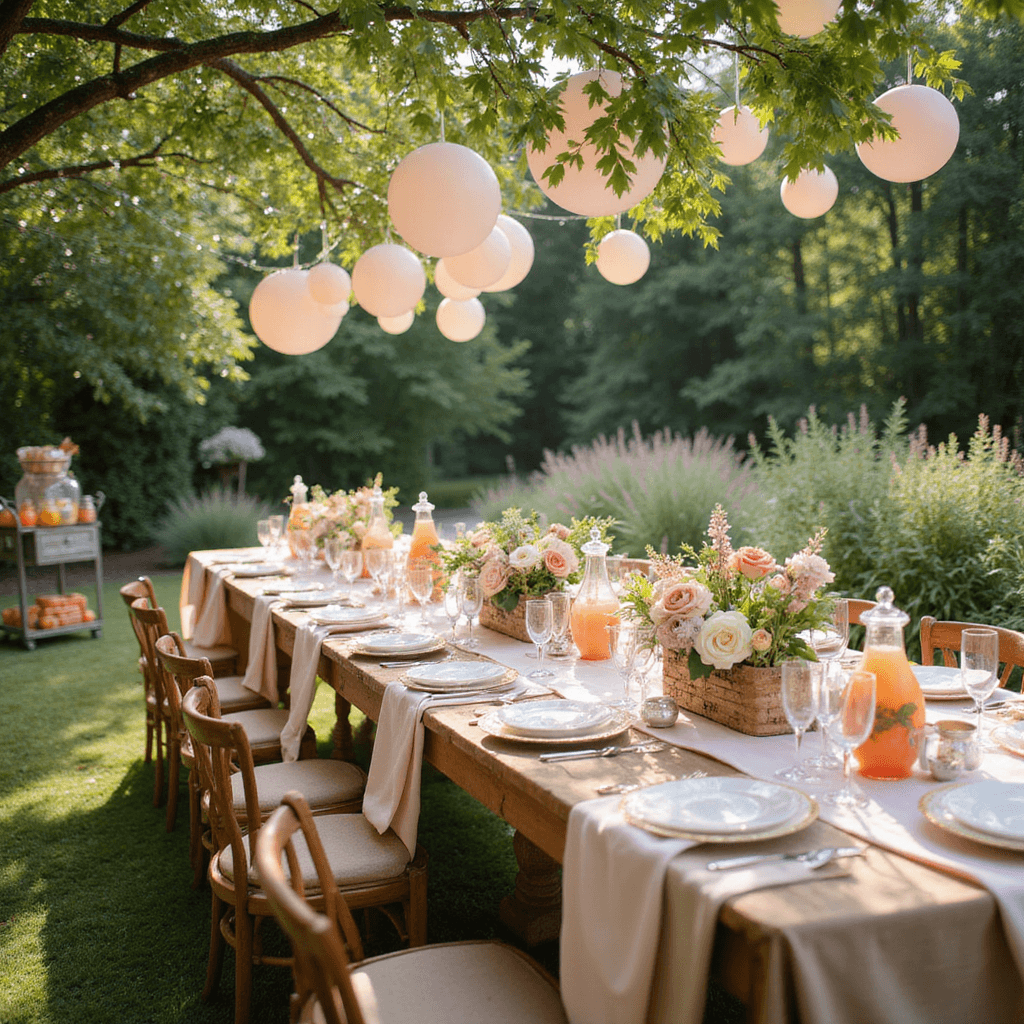 A vibrant summer garden party for a baby shower, featuring a rustic wooden table with blush pink linens, floral centerpieces, gold-rimmed place settings, and a vintage drink cart with colorful fruit-infused mocktails, all under string lights and pastel balloons.