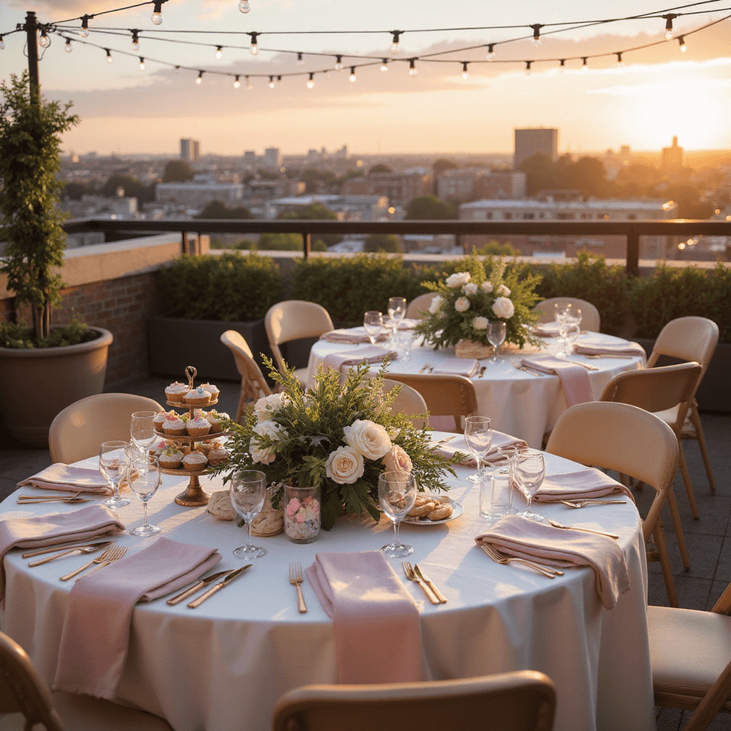 Elegant rooftop terrace at golden hour, set for a baby shower with round tables draped in ivory linens, featuring cascading greenery and white flower centerpieces, rose gold cutlery, and blush napkins, while a dessert station showcases a tiered cake stand with pastel-frosted cupcakes and cookies, all illuminated by soft fairy lights.