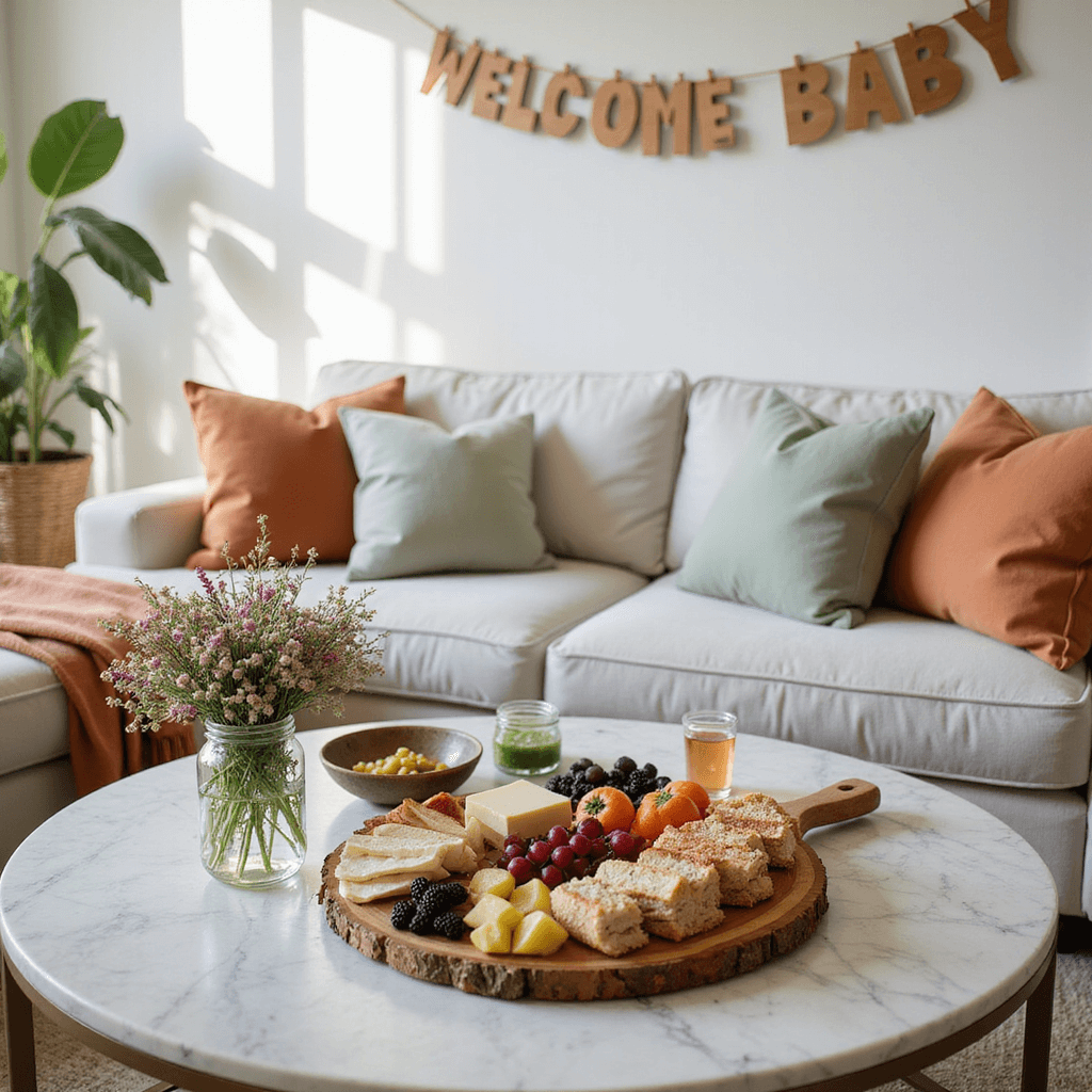 Cozy living room set for an indoor summer baby shower, featuring a marble coffee table with a grazing board of fresh fruits, cheeses, and sandwiches, surrounded by wildflower bouquets in mason jars, scattered throw pillows, and a 'Welcome Baby' banner, all illuminated by soft afternoon light.
