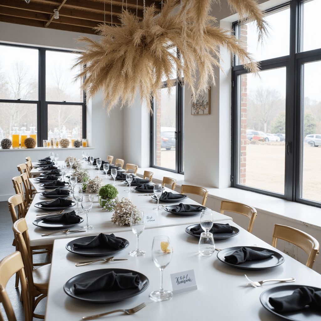 Minimalist summer baby shower brunch in a chic loft, featuring communal tables with white surfaces and gold chairs, black plate settings, pampas grass installation, and a stylish mimosa bar, all illuminated by natural light.