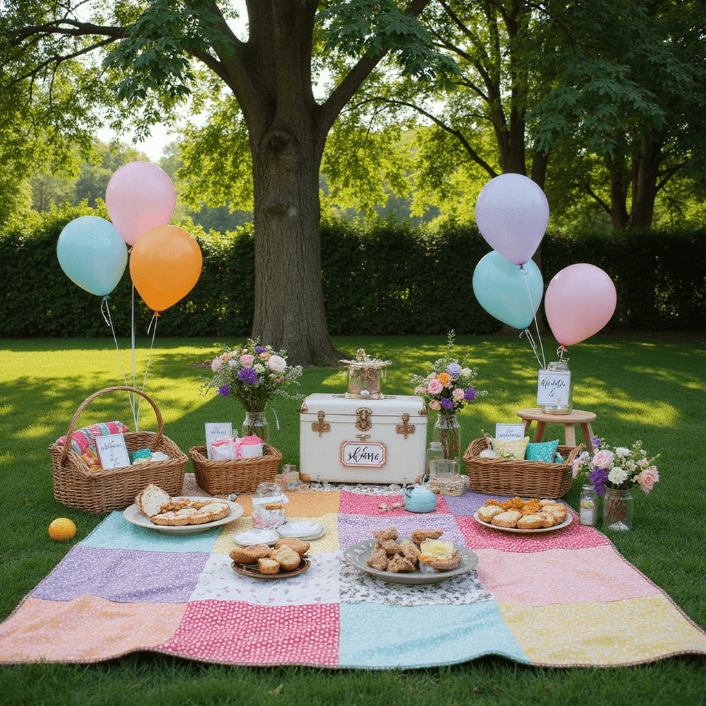 A whimsical baby shower picnic in a backyard, featuring colorful quilts on grass, wicker baskets of gourmet food, mason jars with wildflowers, a vintage suitcase gift table, scattered lawn games, oversized balloons, and dappled sunlight filtering through trees.