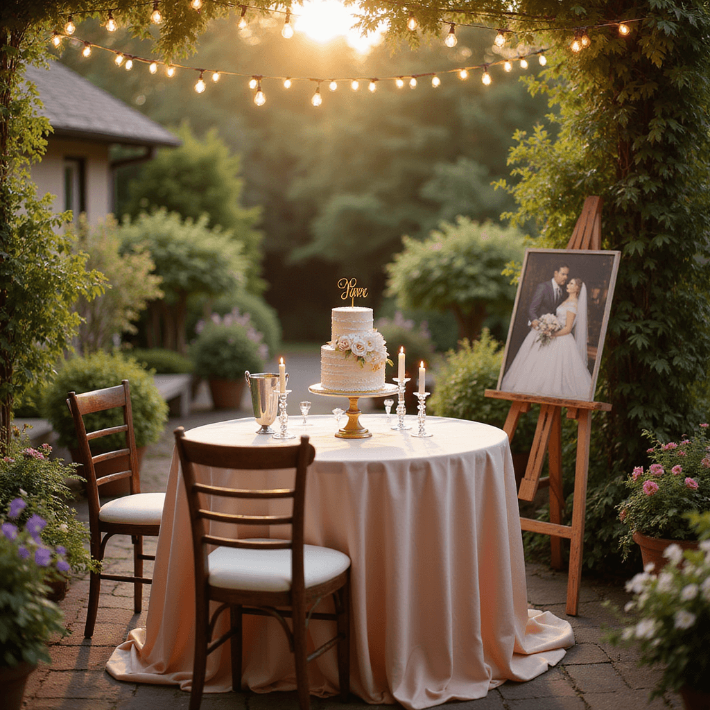 A sunlit garden terrace set for a romantic first anniversary, featuring a blush silk-draped table with a miniature wedding cake, vintage chairs, flickering candlelight, fairy lights overhead, lush greenery, pastel flowers, and a wedding photo on an easel. A champagne bucket is nearby for toasting.