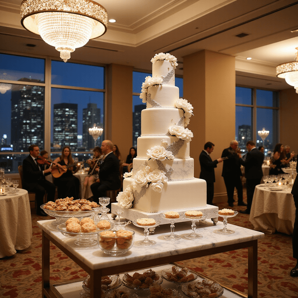An elegant ballroom decorated for a grand anniversary cake-cutting ceremony, featuring a tall tiered cake with metallic silver accents and sugar flowers on a marble dessert cart, surrounded by luxurious desserts on crystal stands. Crystal chandeliers illuminate the room, where guests mingle at cocktail tables with ivory linens, while a string quartet plays nearby, and a twinkling cityscape is visible through floor-to-ceiling windows.