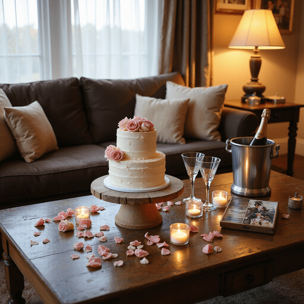 A cozy living room decorated for an anniversary celebration, featuring a vintage cake stand with a beautifully re-decorated wedding cake, surrounded by rose petals, framed wedding photos, and flickering tea lights. A plush velvet sofa with silk throw pillows, soft warm lighting, sheer curtains, and a bottle of champagne with two crystal flutes complete the romantic ambiance.