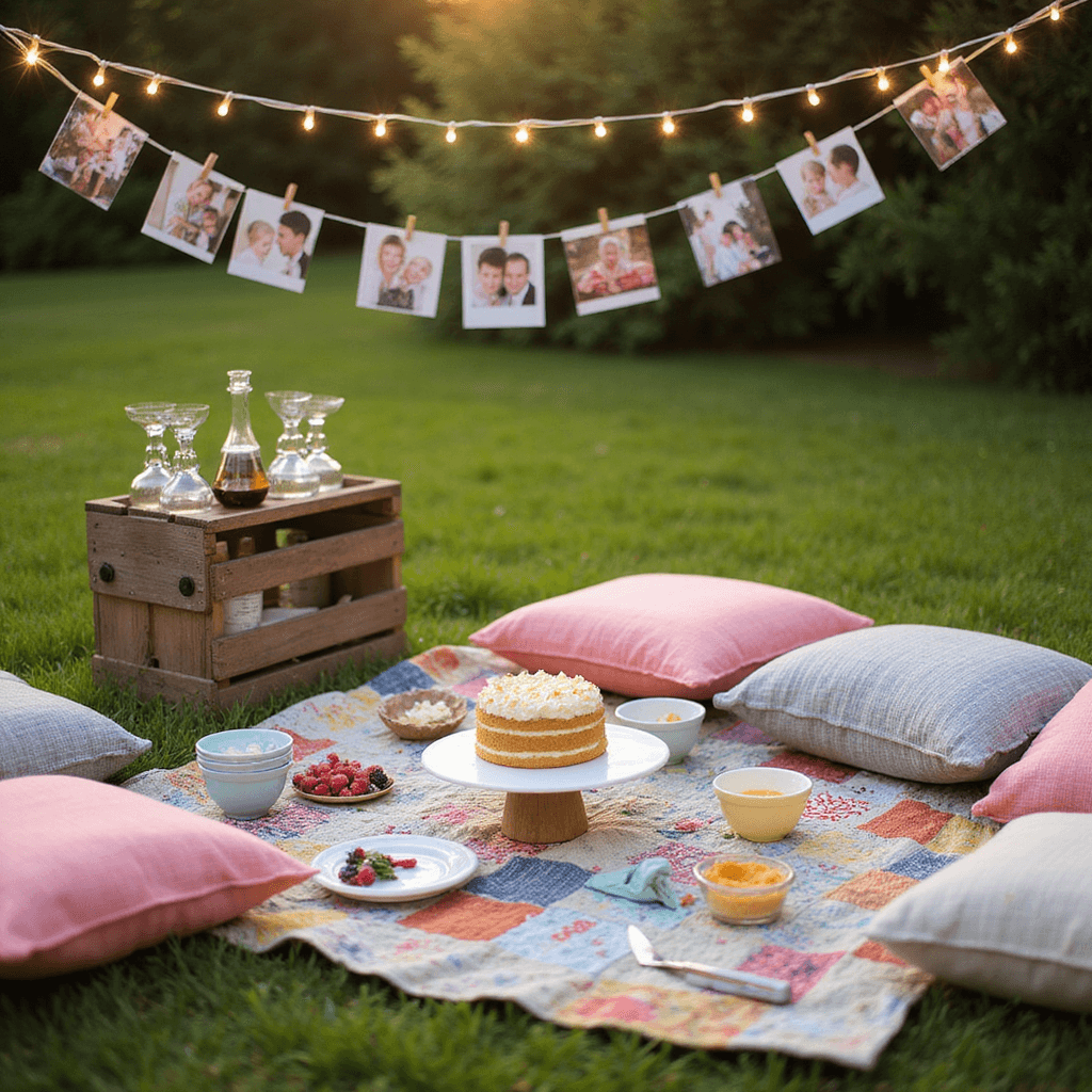 A charming anniversary picnic setup featuring a patchwork quilt on grass, a naked cake decorating station with colorful frosting and edible flowers, scattered cushions, outdoor string lights, a rustic beverage crate, and a clothesline displaying memorable photos, all bathed in warm golden hour sunlight.