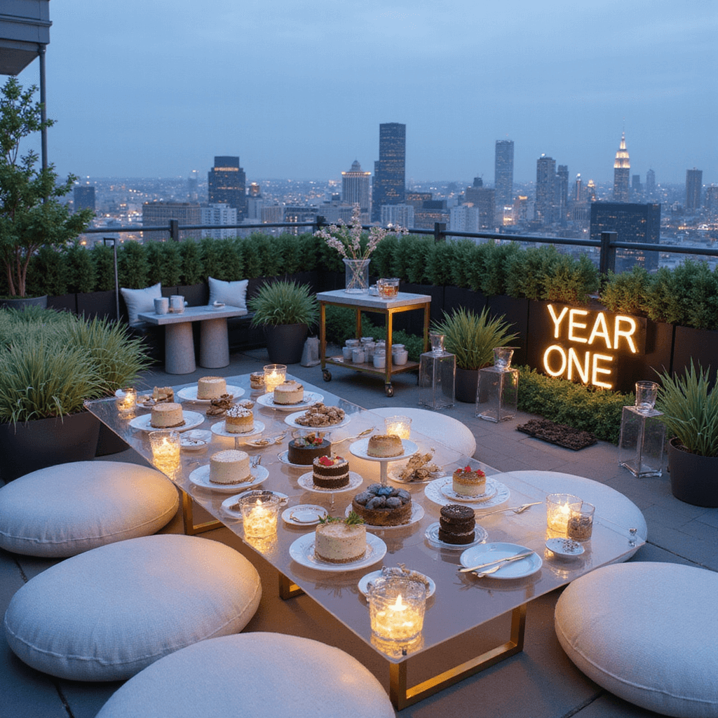 A modern rooftop terrace set for an anniversary dessert party featuring a sleek acrylic display of miniature artistic cakes, geometric plates, gold cutlery, plush floor cushions, and a neon 'Year One' sign, with potted succulents and minimalist floral arrangements, and a mixologist at a bar cart.
