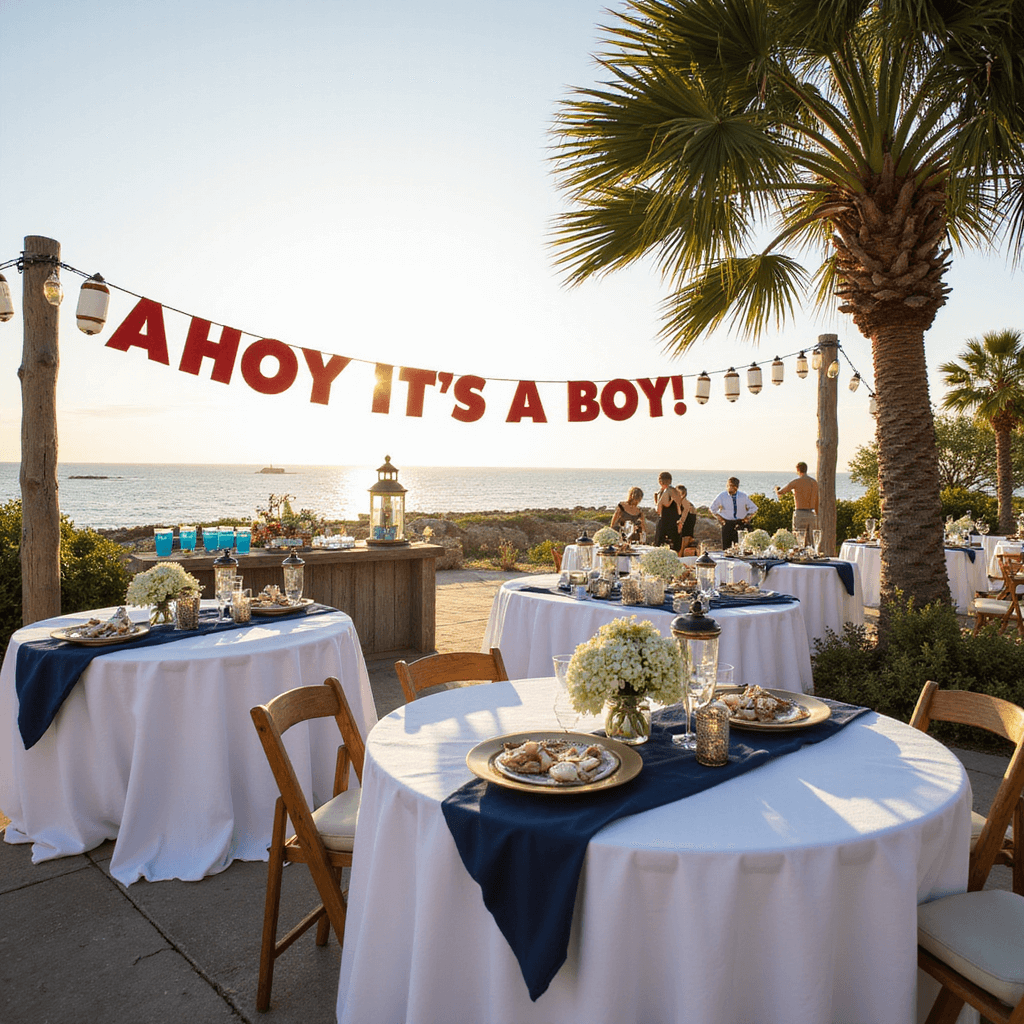 A beautifully decorated nautical-themed baby shower on a beachfront terrace, featuring round tables with white linens and navy blue runners, centerpiece decorations of miniature lighthouses and seashells, a 'Ahoy, It's a Boy!' banner, and a rustic wooden bar serving blue punch, all under soft golden hour light with the ocean in the background.