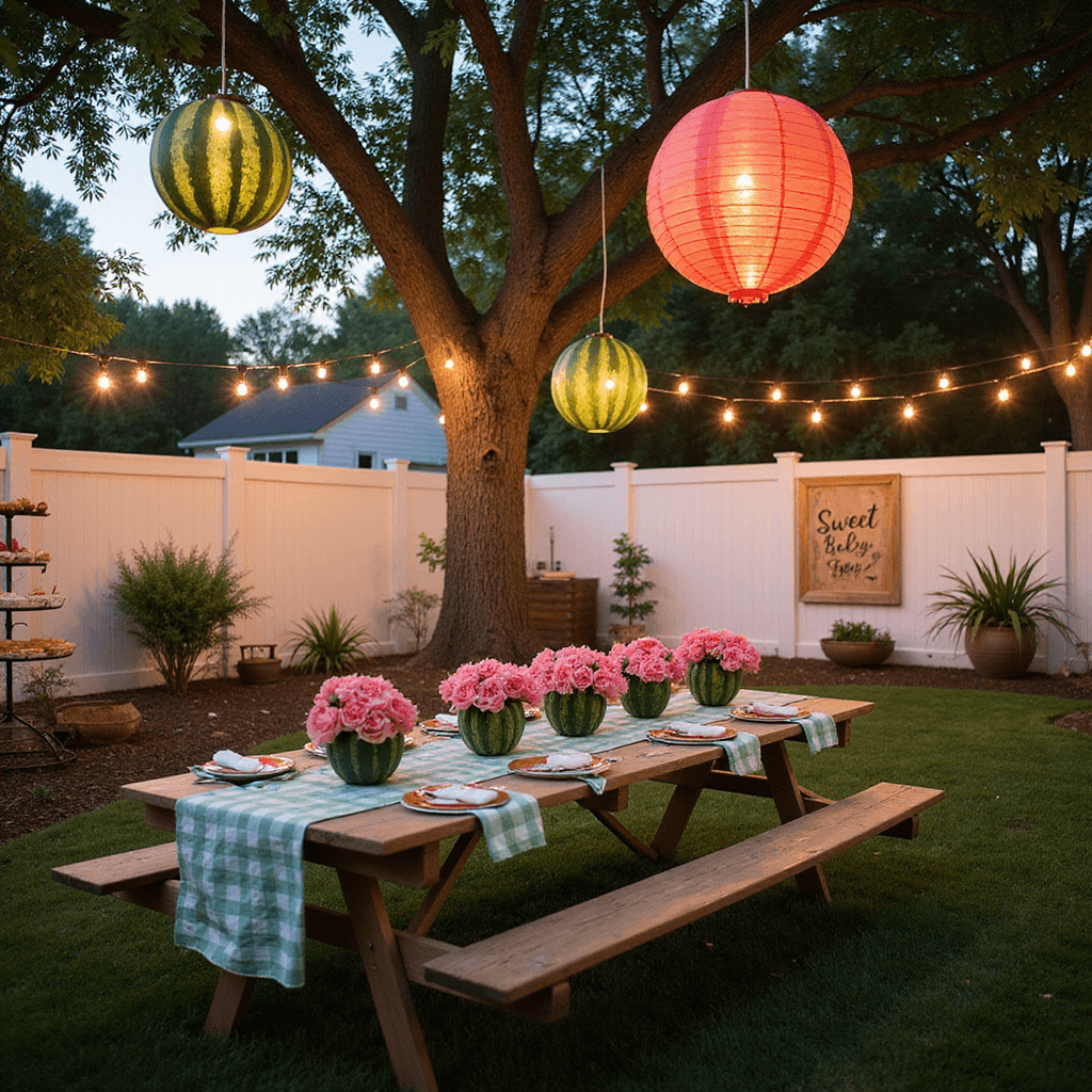 An enchanting backyard transformed into a whimsical Watermelon Wonderland for a summer baby shower, featuring a green gingham picnic table adorned with pink floral arrangements in hollowed-out watermelon rinds, oversized watermelon-shaped lanterns hanging above, a tiered display of watermelon-themed treats, and a 'Sweet Baby Boy' sign on a white fence, all illuminated by twinkling fairy lights as guests enjoy fresh watermelon slices in the evening glow.