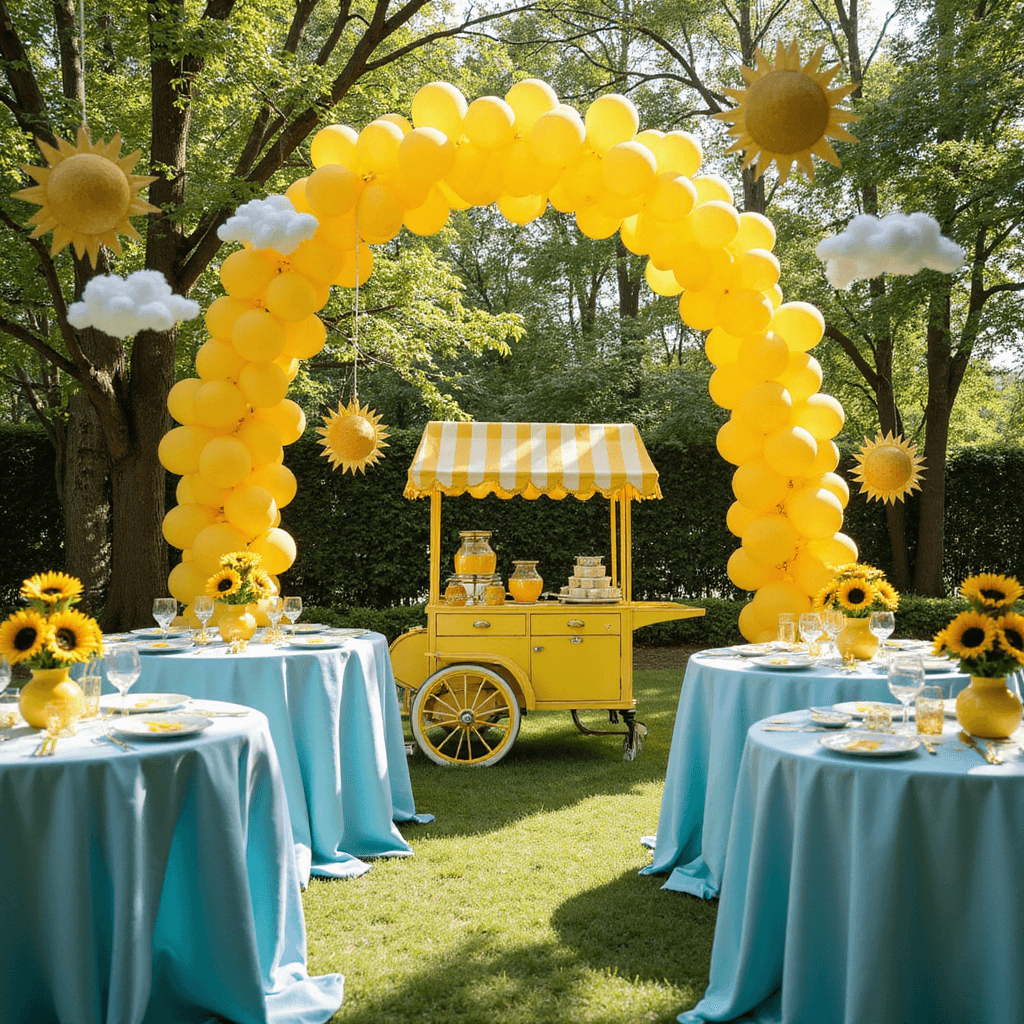 A sun-filled garden party setup for a 'Here Comes the Son' themed baby shower featuring a yellow balloon arch, round tables with sky blue linens and sunflower centerpieces, a vintage lemonade cart, and hanging paper suns and clouds, all under dappled sunlight.