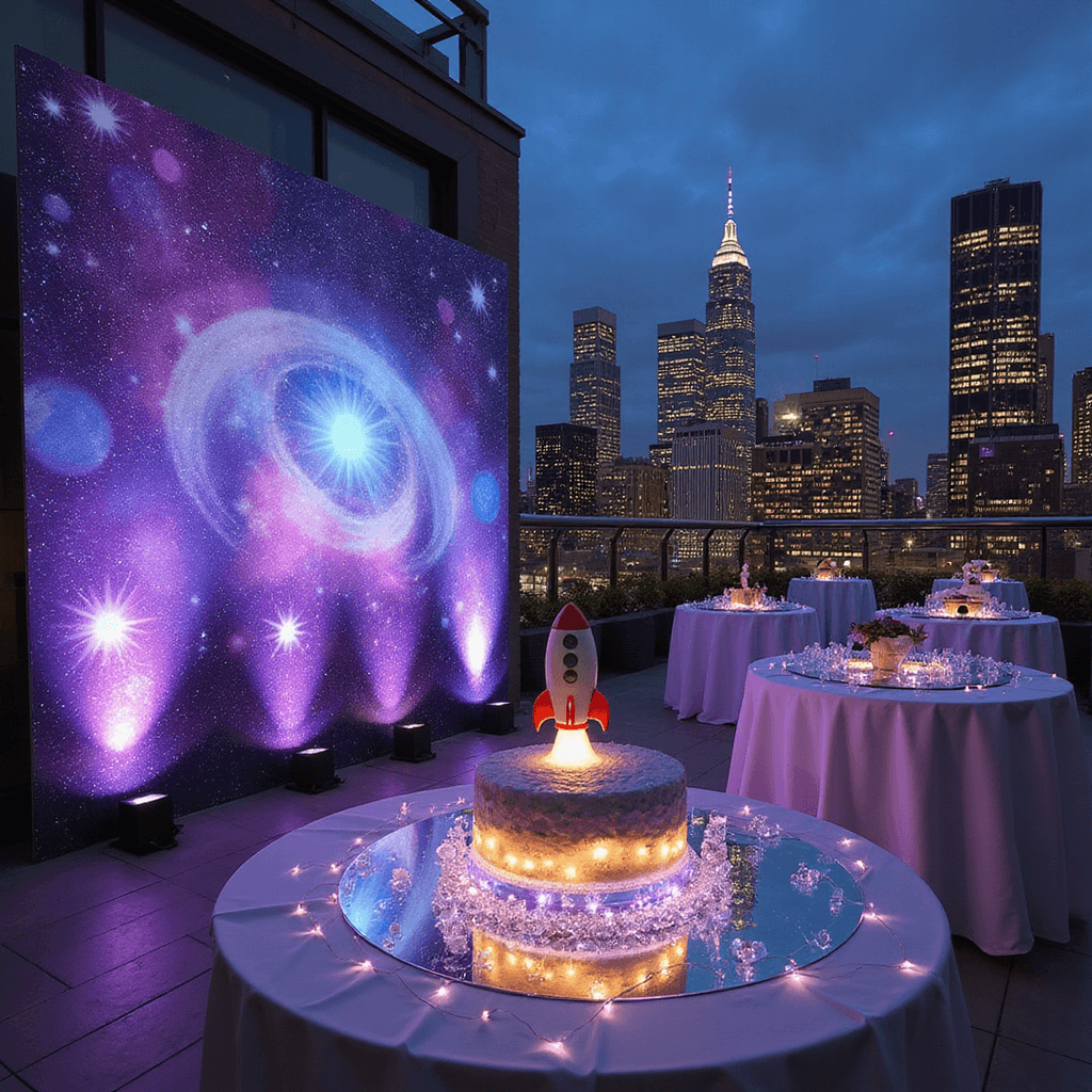 An urban rooftop terrace at dusk, featuring a galaxy-themed baby shower with a city skyline in the background. It includes swirling purple and blue decorations, white highboy tables with planet centerpieces, a grand rocket ship cake on a mirrored platform, and twinkling LED lights, creating a contrasting cosmic ambiance.