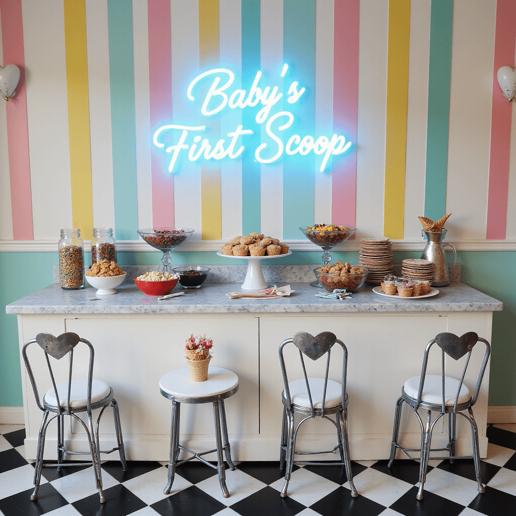 A vintage ice cream parlor decorated for a baby shower, featuring a marble-topped counter filled with colorful toppings in glass bowls, waffle cones, and shiny scoops, surrounded by retro metal chairs and small tables with ice cream cone bouquets, and a neon sign reading 'Baby's First Scoop.'