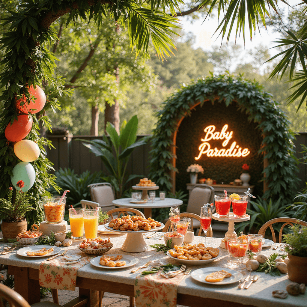 A sunny backyard decorated for a tropical baby shower with palm leaves, hibiscus flowers, a dessert table featuring coconut shrimp and fruit kebabs, colorful mocktails, and a pastel balloon garland, all illuminated by golden hour light and accented with a glowing 'Baby Paradise' neon sign.