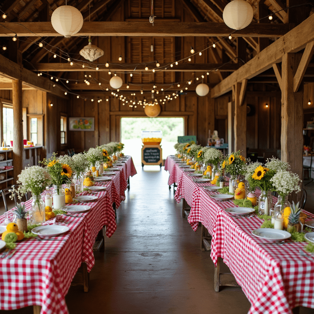 Overhead view of a rustic barn Baby-Q themed shower with farmhouse tables in red and white gingham, mason jar centerpieces with sunflowers, chicken-themed decorations, a vintage lemonade stand, colorful favor boxes in wooden crates, and string lights illuminating the festive setting.