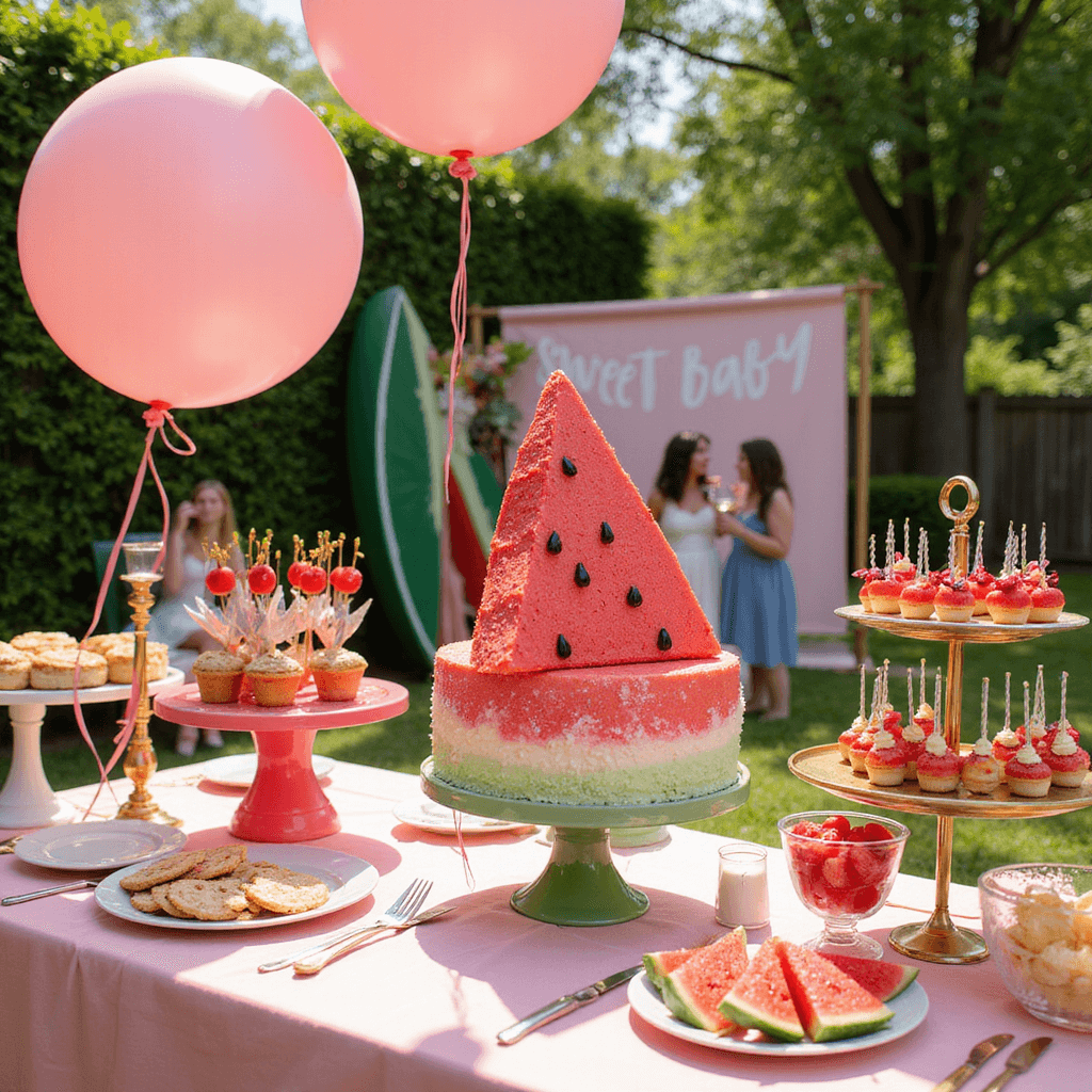 A whimsical dessert display in a sun-filled garden featuring a tiered watermelon slice cake, watermelon-shaped cake pops, cookies, and artfully arranged fruit platters on a pink linen-covered table, with oversized watermelon balloons floating above and guests posing at a DIY photo booth with a hand-painted watermelon backdrop. The scene is adorned in a pink and green color palette with touches of gold in the cutlery and 'Sweet Baby' signage.