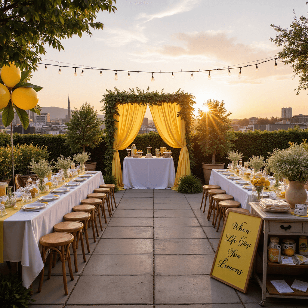 Rooftop terrace decorated for a 'Lemon Squeeze' themed shower at sunset, featuring a lemonade stand with yellow striped fabric, potted lemon trees, oversized lemon balloon sculptures, fairy lights, and long tables with white linens and lemon centerpieces. A dessert cart displays lemon treats, while a guest book table showcases a 'When Life Gives You Lemons' sign with Polaroid cameras and custom cards.