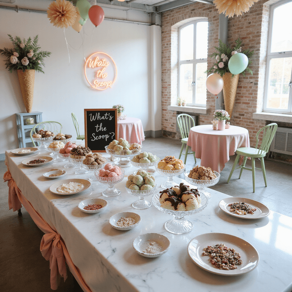 A dreamy baby shower in a modern loft featuring a DIY sundae bar with marble countertops, silver scoops, colorful toppings in crystal bowls, and pastel cake stands displaying artisanal ice cream. The decor includes blush pink and mint green linens, balloon bouquets, delicate paper flowers, vintage ice cream parlor chairs, and a neon ice cream cone sign, with a chalkboard hinting at a gender reveal.