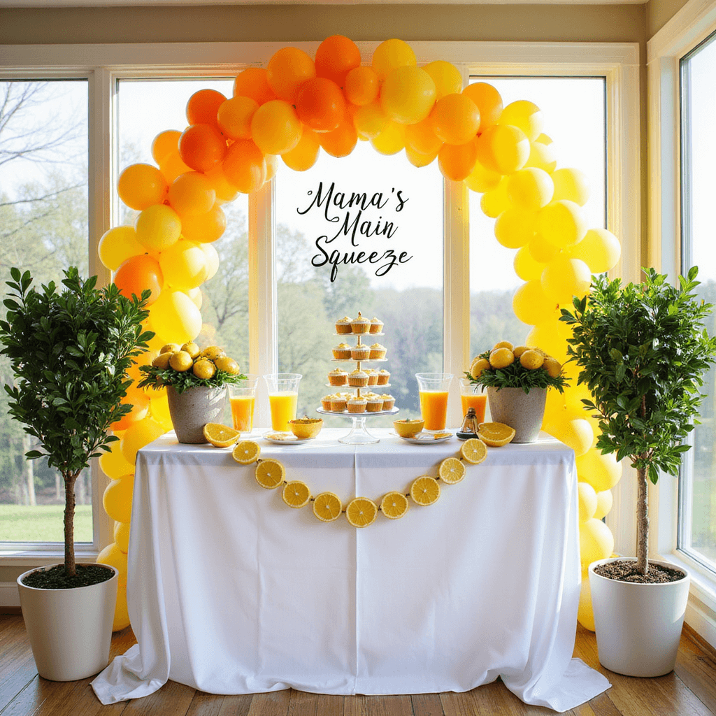A bright sunroom featuring a dessert table adorned with a balloon arch in yellow and orange ombré, showcasing lemon-frosted cupcakes on a tiered stand, glass pitchers of orange juice, potted lemon trees, a modern 'Mama's Main Squeeze' sign, and citrus slice garlands on a white tablecloth.