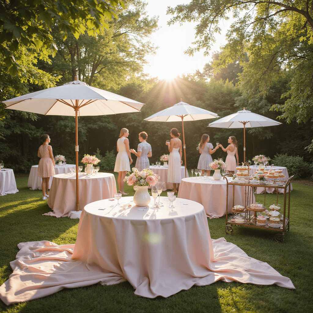 A beautifully arranged baby shower in a sunlit garden, featuring round tables with blush pink linens and vintage milk glass vases filled with pastel blooms, a dessert cart with colorful treats, and guests enjoying drinks under white umbrellas in a warm, golden hour light.