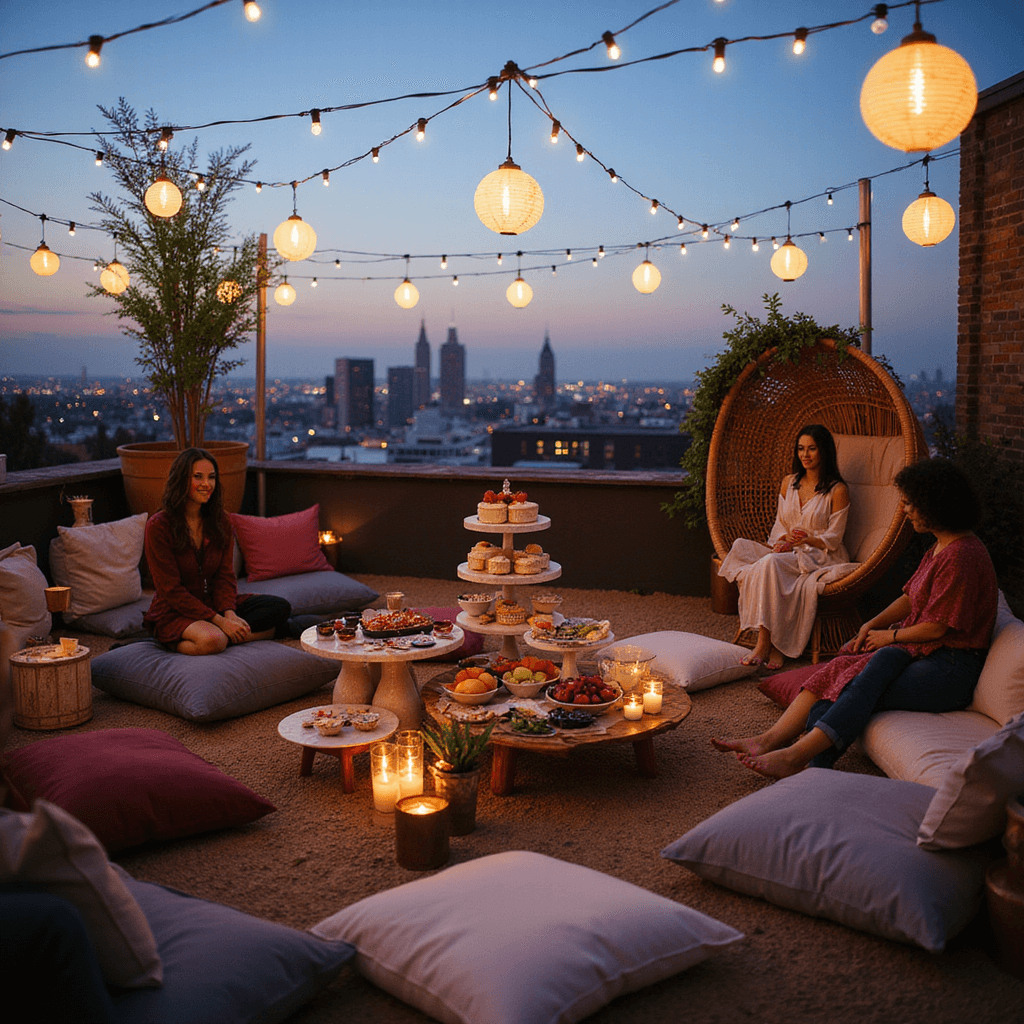 An intimate rooftop baby shower at twilight featuring a twinkling city skyline, adorned with fairy lights and lanterns. Low tables surrounded by plush floor cushions in muted jewel tones create a bohemian vibe, while a central grazing table displays artisanal cheeses, fresh fruits, and petit fours. Guests lounge comfortably, some on velvet poufs, as a mommy-to-be enjoys her moment in a wicker peacock chair draped with a soft throw, all illuminated by candlelight with warm copper accents and fresh greenery.