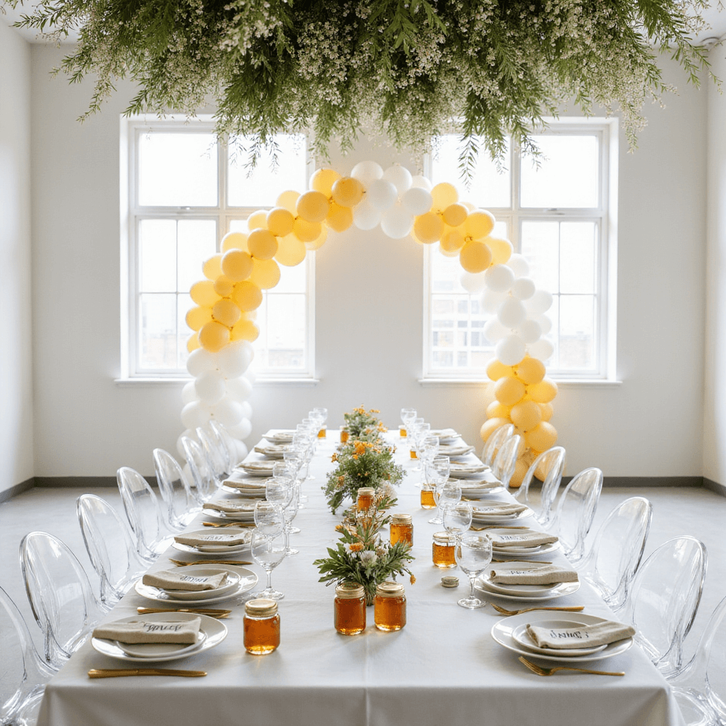 A chic baby shower setup in a modern, sunlit loft featuring a long communal table with matte white plates, gold cutlery, and personalized honey jar favors. Overhead, a canopy of baby's breath and pampas grass hangs elegantly, while a statement balloon arch in ombré shades of white to butter yellow frames a gift display. Sleek acrylic ghost chairs complete the minimalist decor.