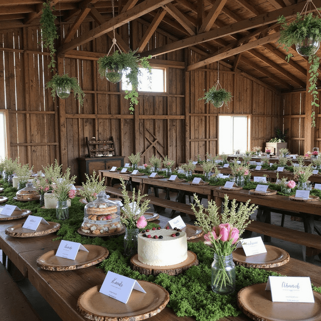 A cozy rustic barn decorated for a woodland-themed baby shower, featuring long tables with moss runners, wildflower bouquets, pine cone place card holders, hanging terrariums, and a dessert table with a naked cake and woodland creature cookies, all bathed in soft morning light. Guests wearing flower crowns enhance the enchanting atmosphere.