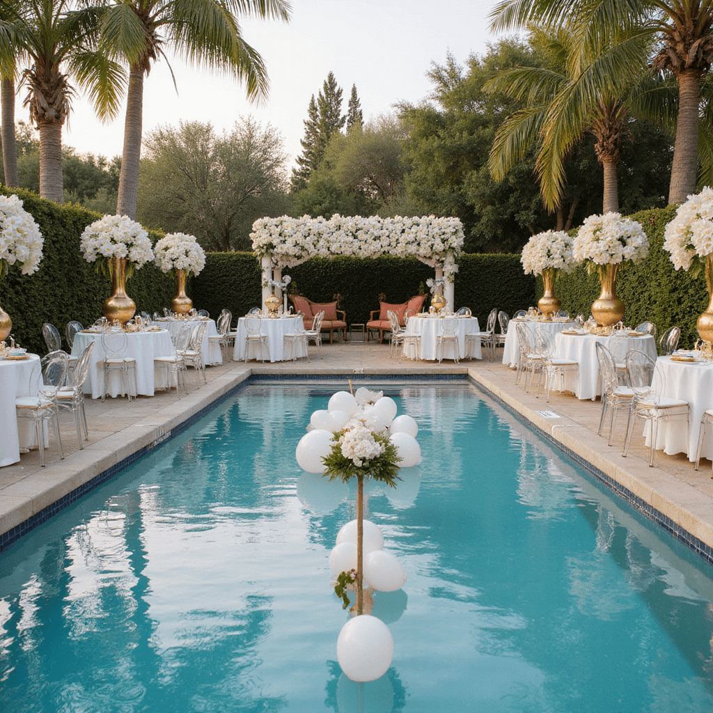An elegant poolside baby shower at a luxurious estate with swaying palm trees and vibrant bougainvillea, featuring an aquamarine pool, white and gold color scheme, coral accents, Lucite ghost chairs, tall floral arrangements of white orchids and peonies in gold vases, a floating display of white balloons and greenery, servers with champagne and canapés, and a live harpist, all illuminated by golden hour lighting.