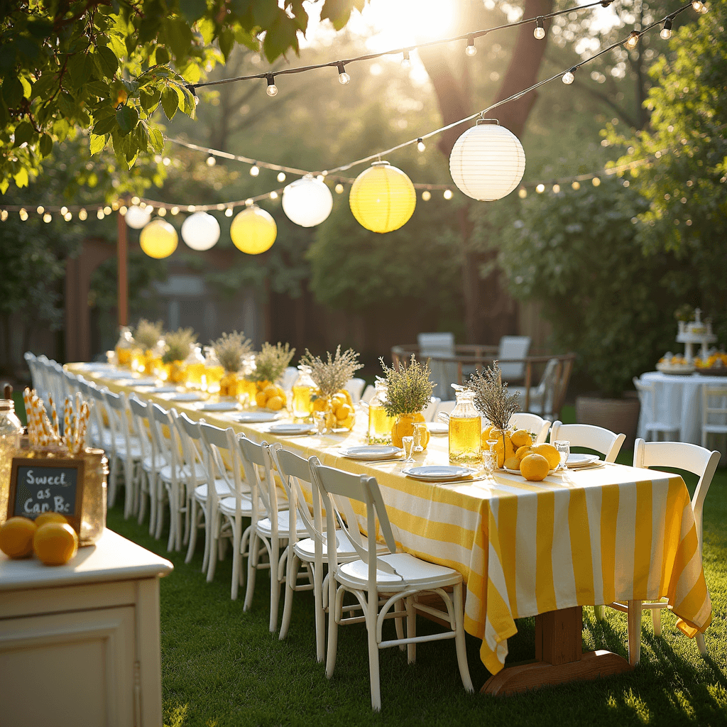 A sunlit backyard baby shower with a 'Lemon Burst' theme featuring a long farmhouse table with a yellow and white striped tablecloth, surrounded by mismatched white chairs. Centerpieces include glass pitchers of fresh lemons and lavender. String lights and paper lanterns create a warm glow overhead. In the foreground, a vintage lemonade stand with mason jars, striped paper straws, and a 'Sweet as Can Be' sign, with soft light filtering through lemon trees.