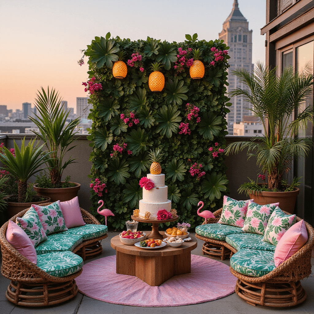 A rooftop terrace baby shower setup featuring low rattan furniture with palm leaf print cushions, a backdrop of monstera leaves and pink bougainvillea flowers, pineapple-shaped lanterns, flamingo figurines, and a dessert table with a tiered coconut cake and tropical fruit, all illuminated by soft pink uplighting at golden hour against the city skyline.