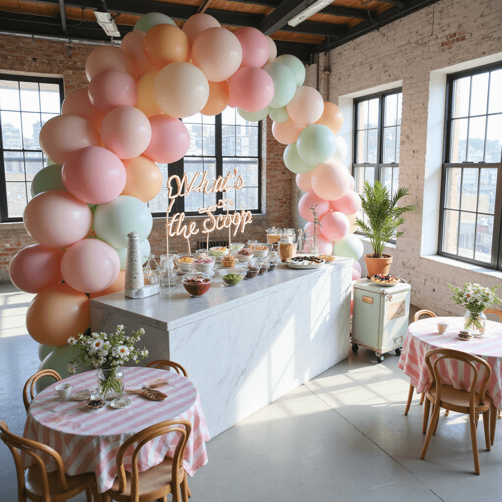 An overhead view of a light-filled modern loft baby shower featuring an ice cream bar on a marble island, surrounded by bistro tables with pastel linens and daisies, and a balloon arch framing a neon sign, with vintage chairs and a retro freezer cart enhancing the whimsical atmosphere.