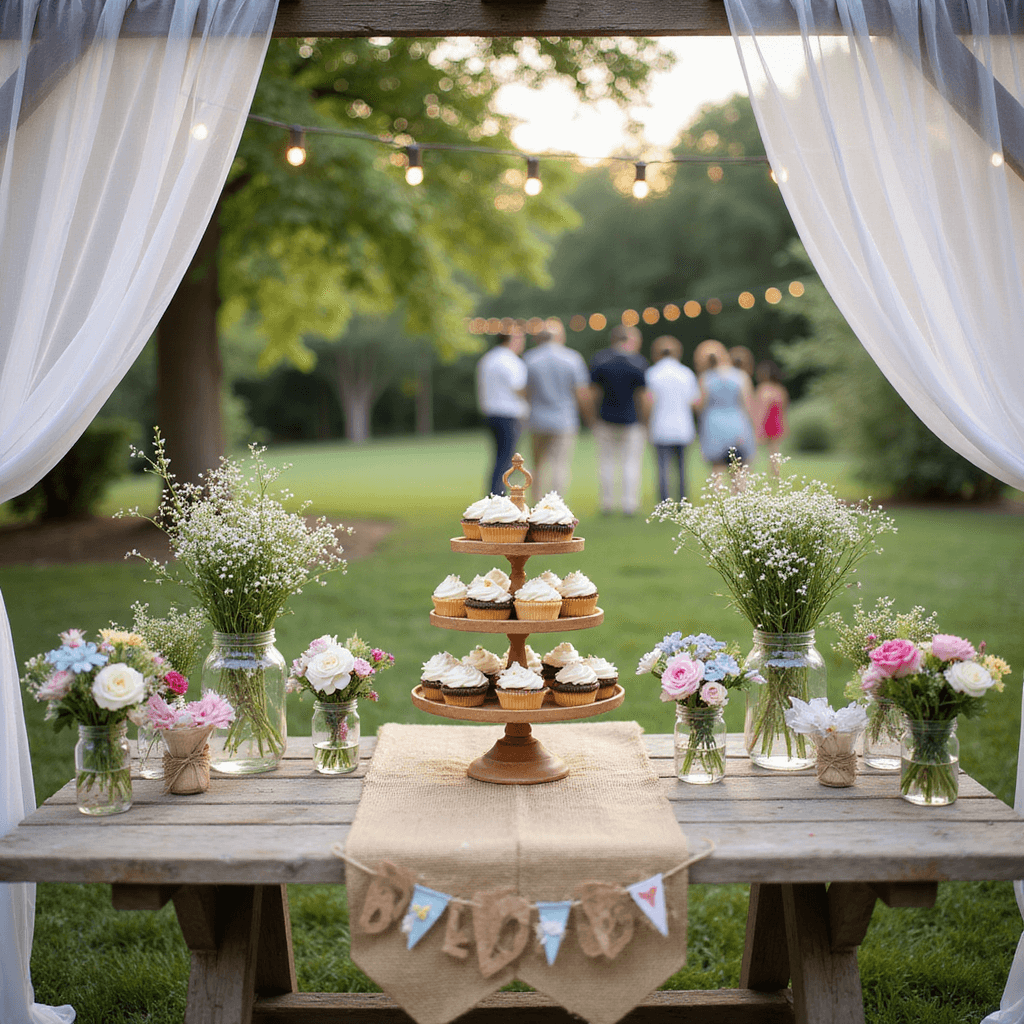 A close-up of a charming dessert table at a DIY summer baby shower, featuring a burlap runner, mason jars with wildflowers, homemade cupcakes with fondant butterflies, and handmade decorations under a wooden pergola draped in white fabric, with a soft bokeh effect of string lights and guests in the background.