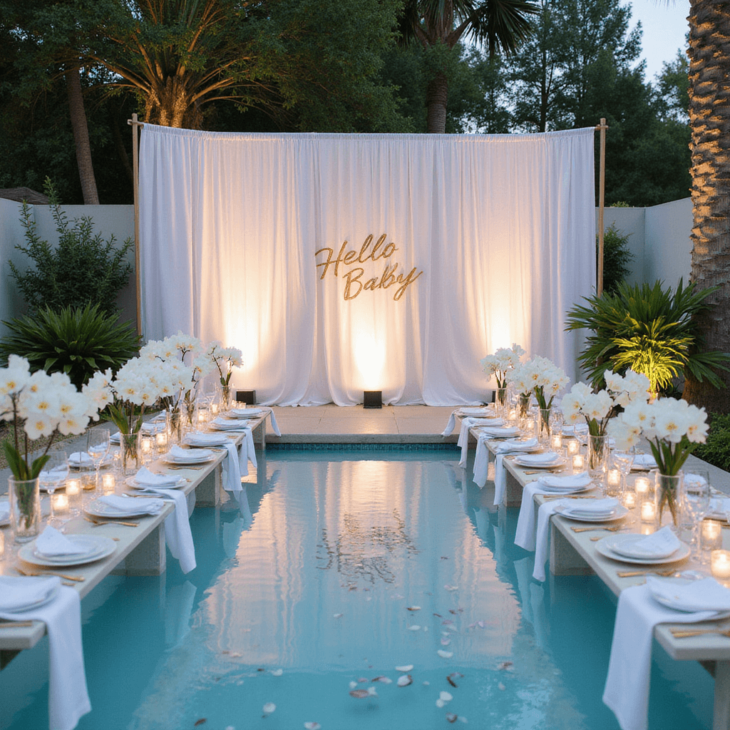 An elegant baby shower setup by the pool at dusk, featuring long acrylic tables with white linens, gold cutlery, white orchids in tall vases, floating candles and petals in the pool, a backdrop of sheer drapes, and a 'Hello Baby' sign in gold script.