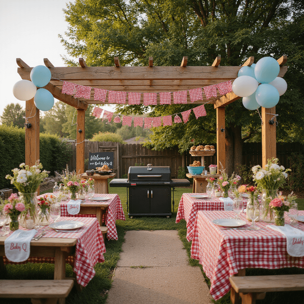 Sun-drenched backyard featuring a rustic wooden pergola with twinkle lights and gingham bunting, picnic tables with red and white checkered tablecloths, mason jars of wildflowers, and personalized 'Baby-Q' bibs. A vintage BBQ grill and DIY burger bar with miniature sliders. A chalkboard sign reads 'Welcome to Our Baby-Q', surrounded by balloons in sky blue and cloud white, all bathed in soft golden hour lighting.