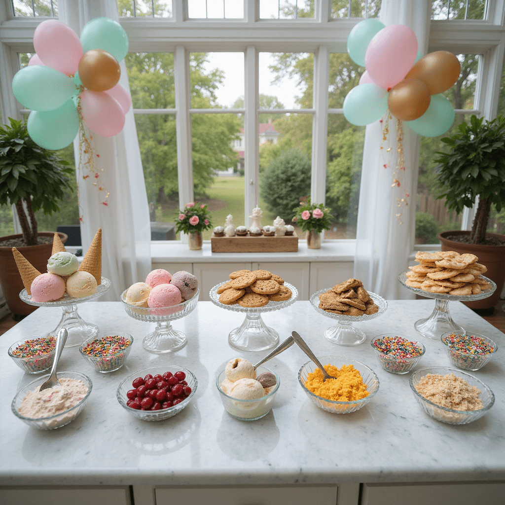 An overhead view of a vibrant ice cream sundae bar in a conservatory, featuring a marble-topped island with pastel ice cream, sparkling toppings in crystal compotes, and decorative cookies on glass stands, set against a soft-focus background of gauzy curtains and colorful balloon garlands.