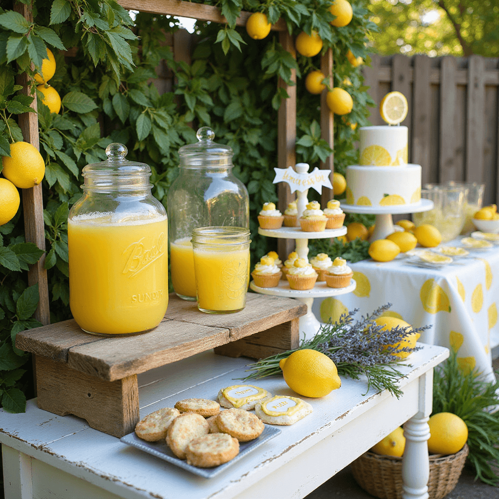 A close-up of a rustic lemonade stand featuring bright yellow lemons, mason jar dispensers of fresh lemonade, lemon-themed cupcakes and cookies on a tiered cake stand, surrounded by lush greenery and lavender sprigs, with a decorated dessert table in the background.