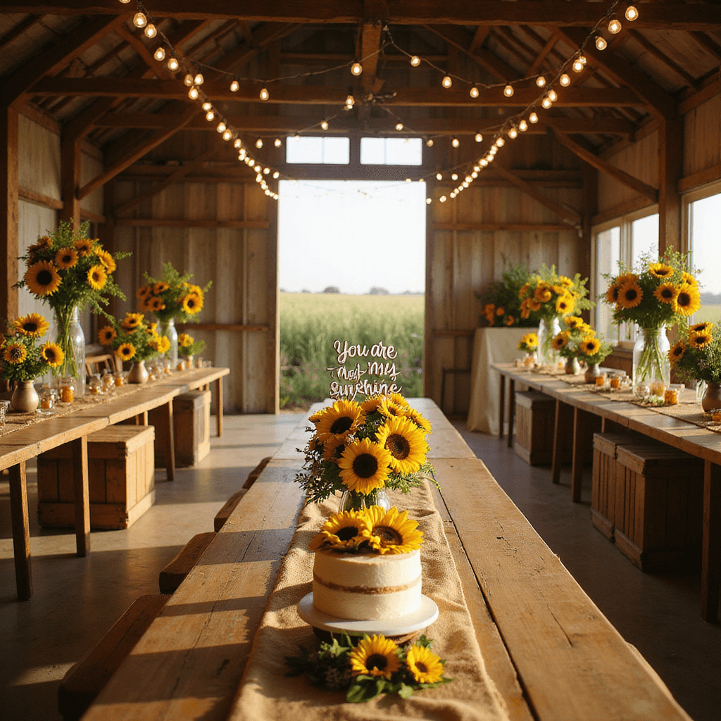 A rustic barn interior decorated for a 'Sunflower Field Fiesta', featuring warm Edison bulbs, burlap-dressed farmhouse tables with mason jar centerpieces, towering sunflower arrangements, a naked cake with sunflowers, and a photo booth area with a flower crown station.