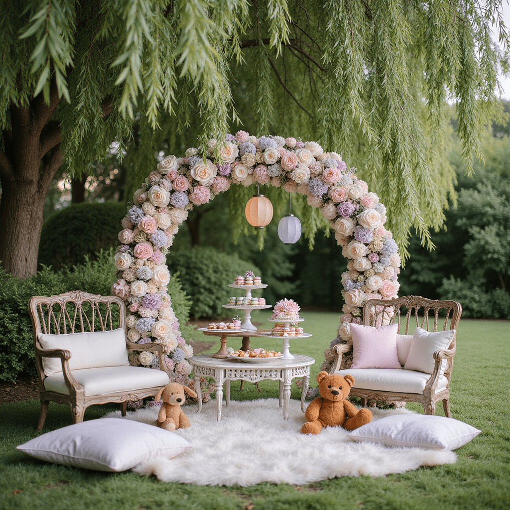 A whimsical garden party scene featuring a cozy seating area under a weeping willow, adorned with paper lanterns. Vintage tables display pastel macarons and flower-topped cupcakes, while a vibrant floral backdrop in soft pinks, lavenders, and creams enhances the ambiance. In the foreground, a low table with plush cushions invites storytelling with classic children's books and stuffed animals.