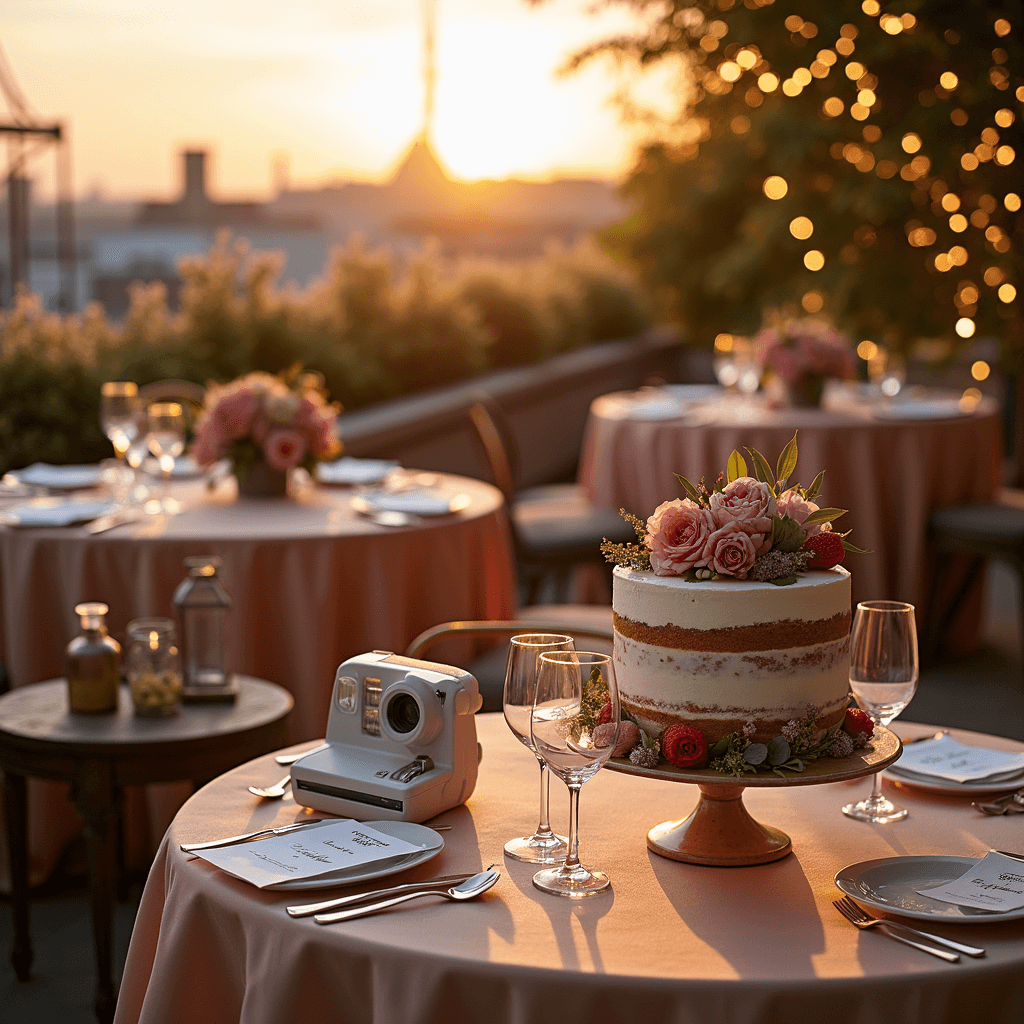 A beautifully arranged rooftop terrace for an anniversary celebration, featuring blush silk-draped tables with floral centerpieces, twinkling fairy lights, a vintage Polaroid camera, a dessert cart with a tiered naked cake, and personalized place cards, all illuminated by golden hour light.