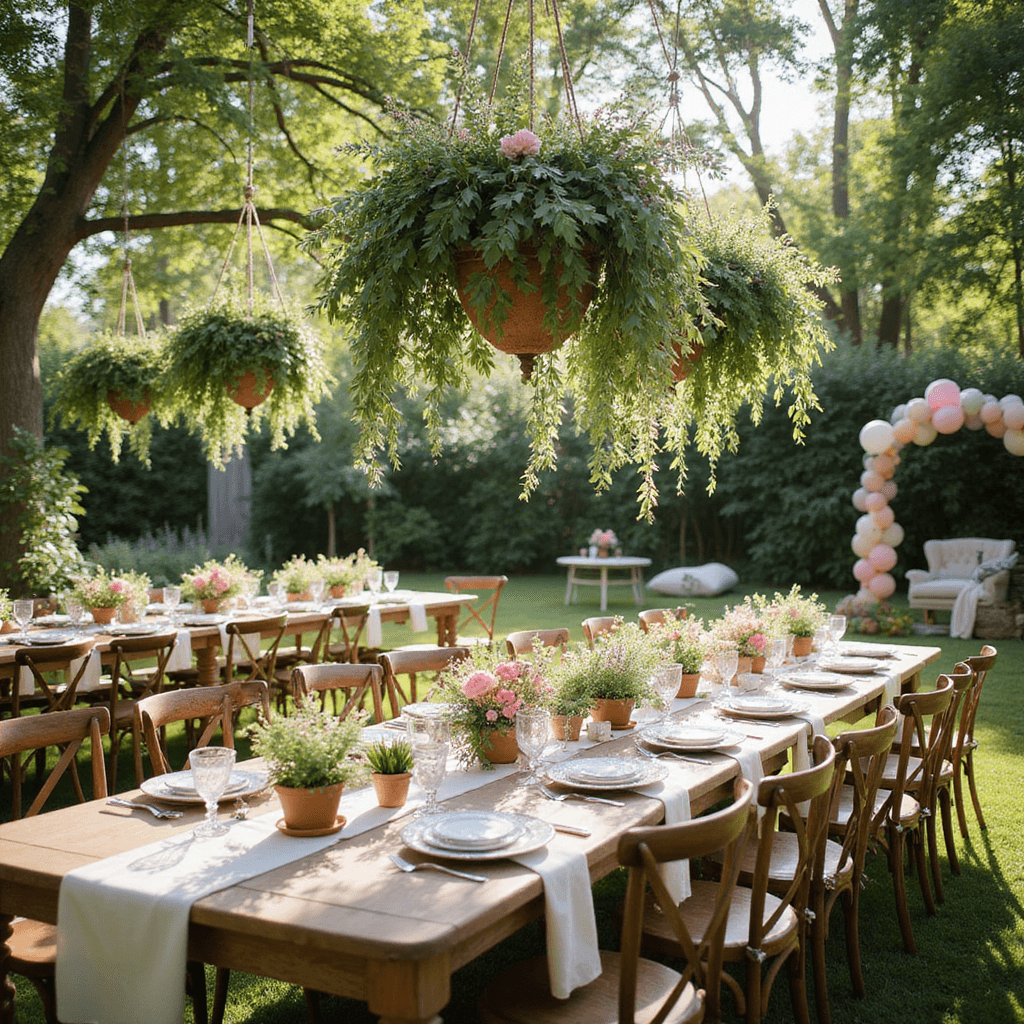 An enchanting garden party with long farm tables and mismatched vintage chairs under a canopy of floral installations, featuring terracotta potted herbs and delicate blooms on sheer ivory runners, a flower-covered photo booth arch, and a cozy lounge area with plush cushions, all adorned with soft pastel balloons.