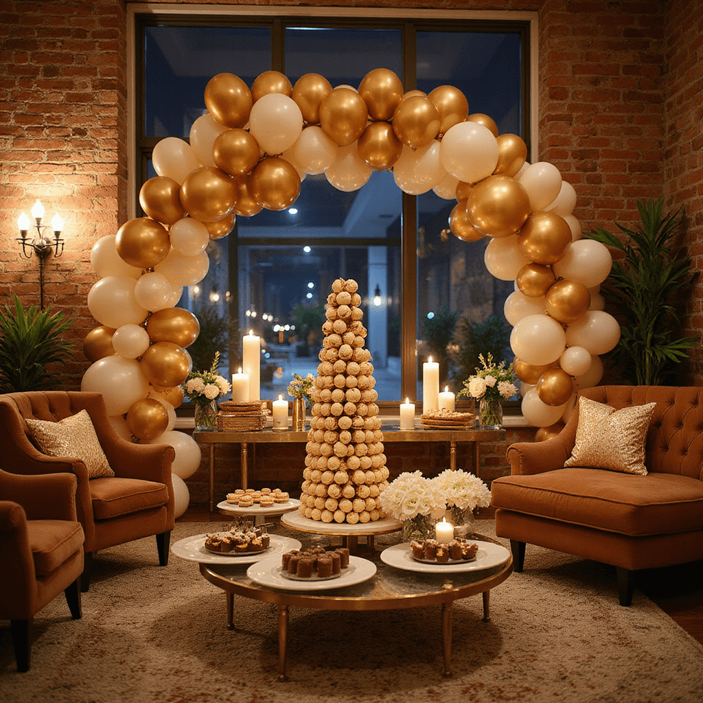 A cozy living room decorated for a milestone birthday, featuring warm candlelight, exposed brick walls, a gold and ivory balloon arch, a styled gift table, velvet armchairs, pillar candles on mirrored trays, and a dessert display with a macaron tower and artisanal chocolates.