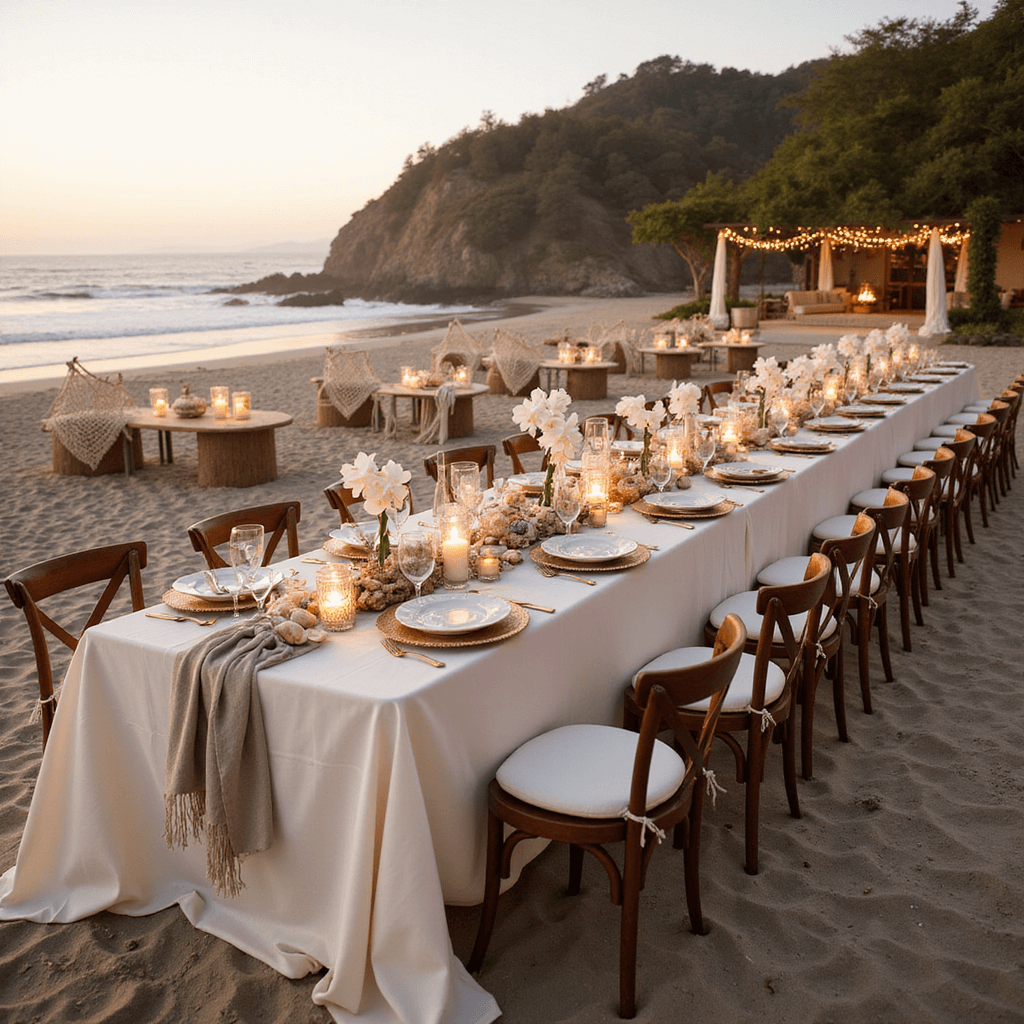 A picturesque beachfront wedding reception at sunset, featuring long tables with white linens, glowing lanterns, elegant driftwood chargers, and ocean-inspired centerpieces of coral and orchids, surrounded by a fairy-lit dance floor and a cozy bohemian lounge area.