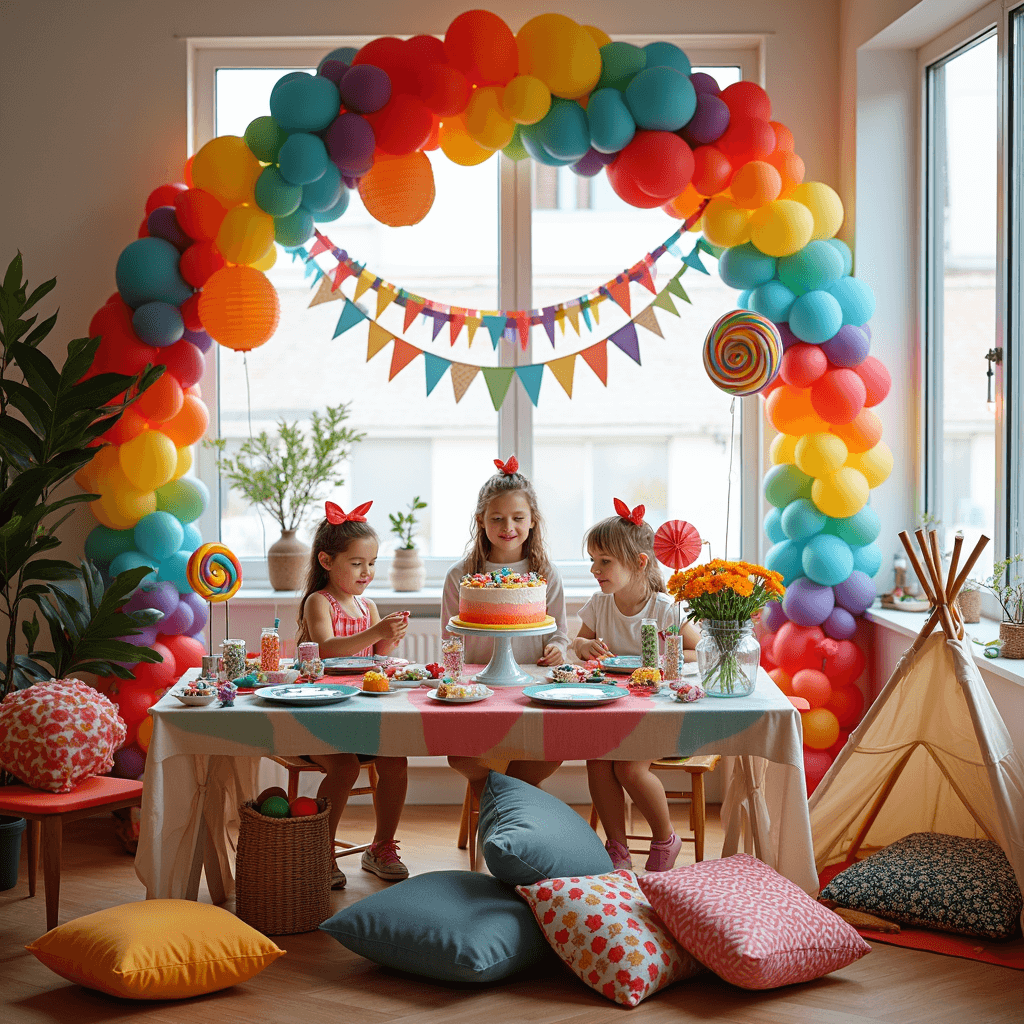 An eclectic children's birthday party in a modern apartment, featuring a rainbow balloon arch, colorful streamers, playful centerpieces, a DIY crafting station, a dessert table with a topsy-turvy cake, and plush floor pillows for seating.