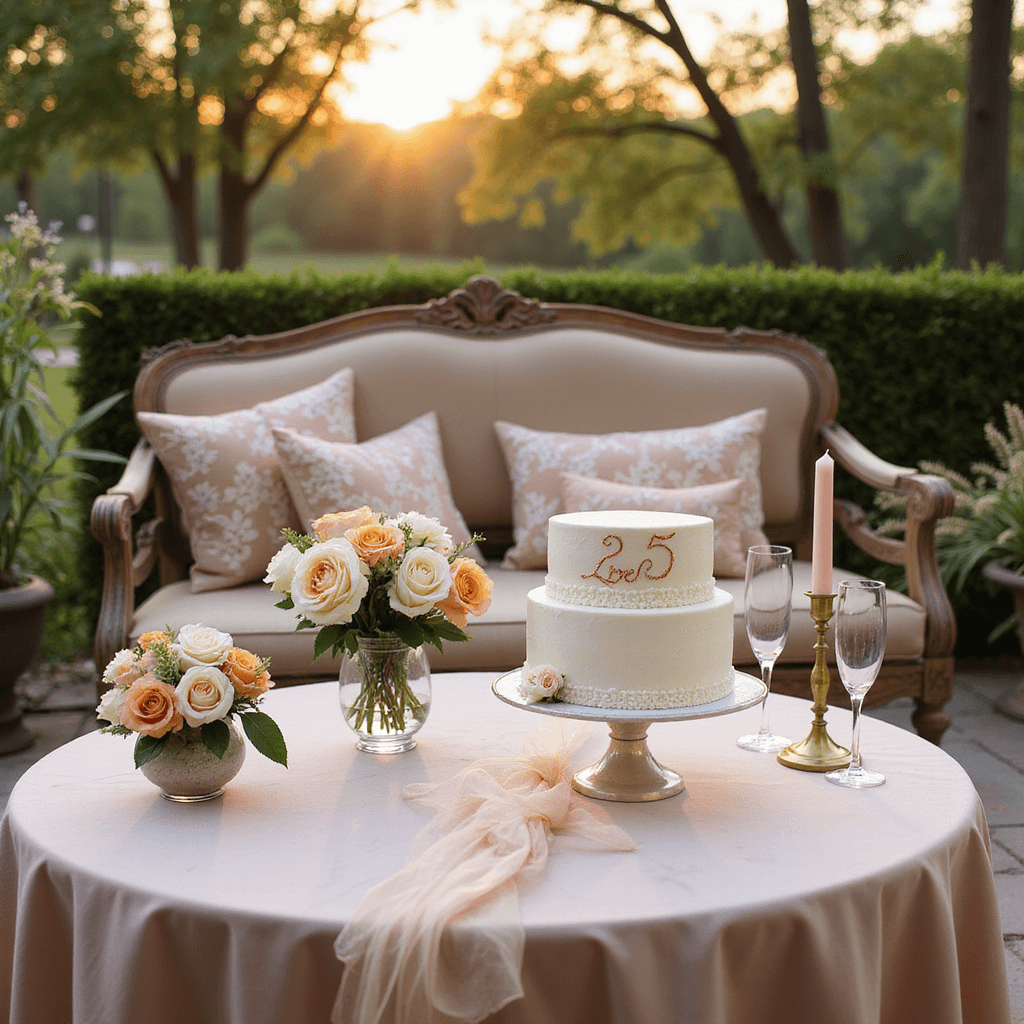 A romantic garden terrace set for an anniversary celebration, featuring a round marble table with blush silk linens, a two-tier white cake with rose gold calligraphy, delicate champagne flutes, loose peach and cream roses in a crystal vase, cascading tulle ribbon, and vintage brass candle holders with tapered candles, alongside a cozy loveseat with embroidered throw pillows.