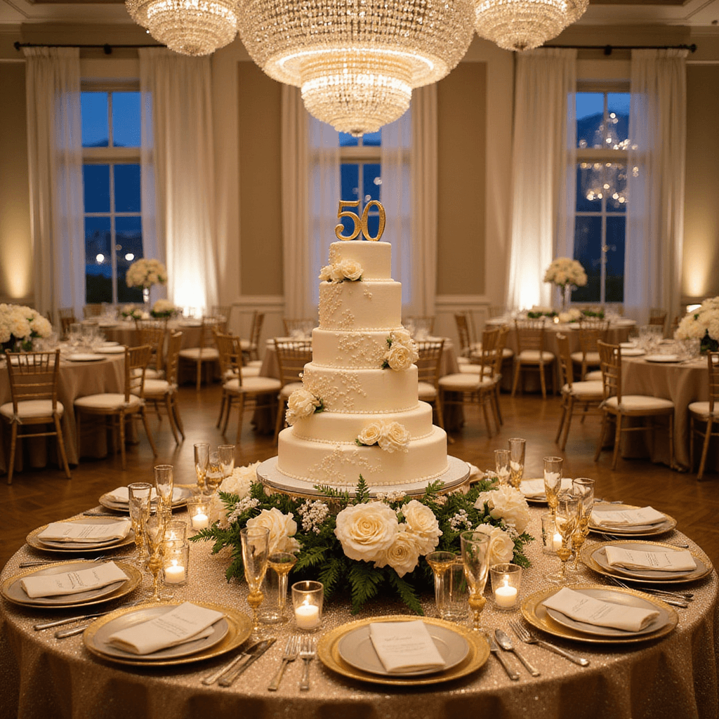 An elegant ballroom featuring a grand six-tier ivory and gold cake, adorned with sugar flowers and a '50' topper, surrounded by lush white peony arrangements and gold-dipped ferns, with shimmering sequin linens and gilded tableware under soft crystal chandelier light.