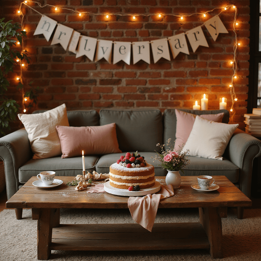A cozy living room for a first anniversary celebration, featuring a rustic wooden coffee table with a single-tier naked cake topped with fresh berries, surrounded by vintage teacups filled with wildflowers. Plush cream and blush velvet floor pillows invite intimate seating, while fairy lights and a 'Paper Anniversary' banner enhance the romantic atmosphere. A stack of love letters tied with a silk ribbon adds a personal touch.
