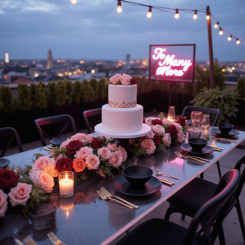 A chic rooftop terrace at twilight, elegantly set for an anniversary soirée with a sleek acrylic ghost table featuring a minimalist three-tier white cake adorned with geometric gold accents, surrounded by a cascading ombré of blush to burgundy roses. The table is complemented by matte black plates and gold cutlery, with smoke glass votives illuminating the setting. String lights overhead and twinkling city lights in the background enhance the ambiance, while a neon sign reading 'To Many More' adds a pink glow.
