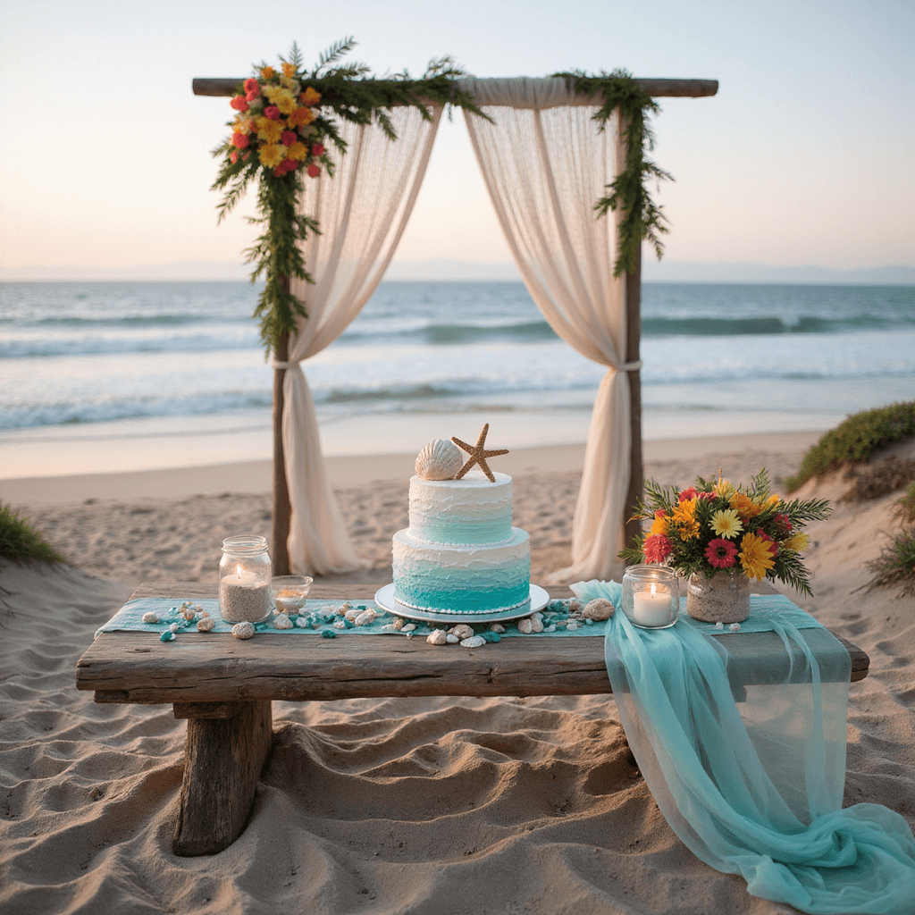 A serene beachfront at sunrise featuring a driftwood table set for an anniversary celebration, adorned with a semi-naked cake decorated like ocean waves, sugar seashells, teal sea glass, and vibrant tropical flowers, with a macramé ceremony arch framing the background.