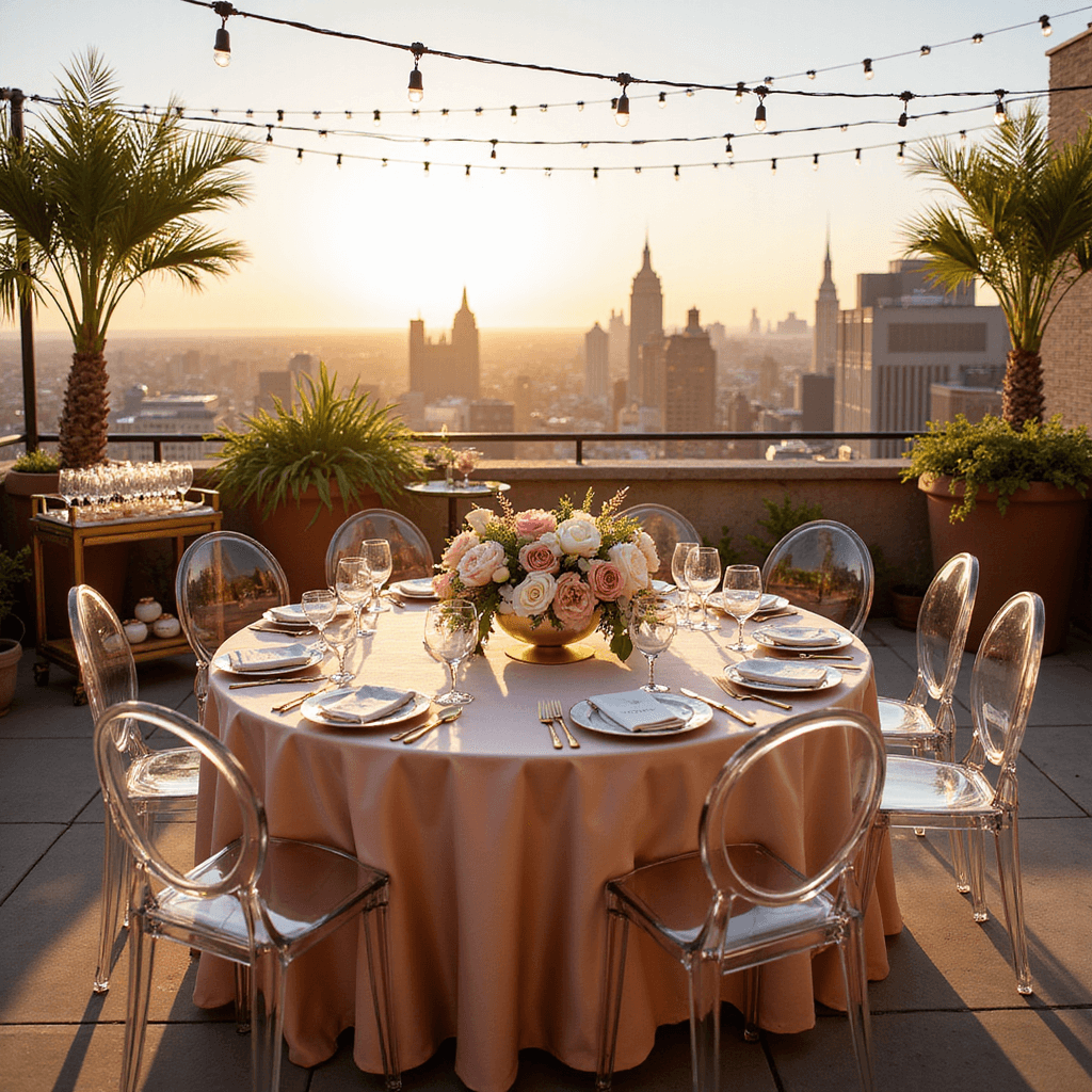 A romantic rooftop terrace set for an anniversary celebration, featuring a round table with blush silk linens, surrounded by ghost chairs, adorned with a floral centerpiece of pink peonies and white roses in a gold vase, gold-rimmed crystal place settings, personalized marble cards, and twinkling fairy lights overhead, with a dessert cart of macarons and champagne flutes in the background, all bathed in warm golden hour sunlight with a cityscape backdrop.