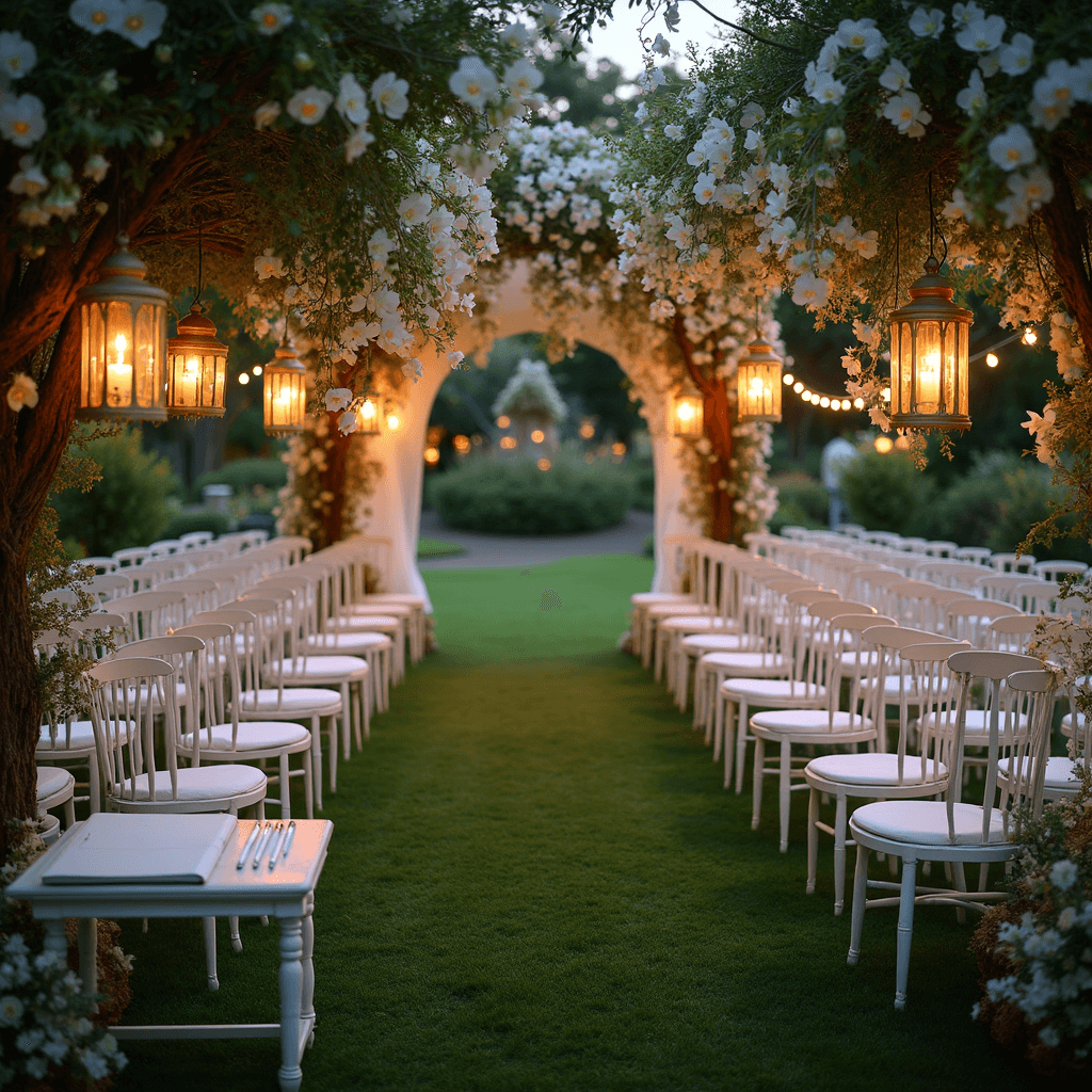 An enchanting twilight garden wedding ceremony featuring rows of white wooden chairs lining a grass aisle, a stunning floral arch with cascading white orchids, lanterns with flickering candles hanging from tree branches, and delicate tulle drapery, all set against blooming rosebushes and twinkling fairy lights. An overhead shot captures the intricate layout and romantic ambiance.
